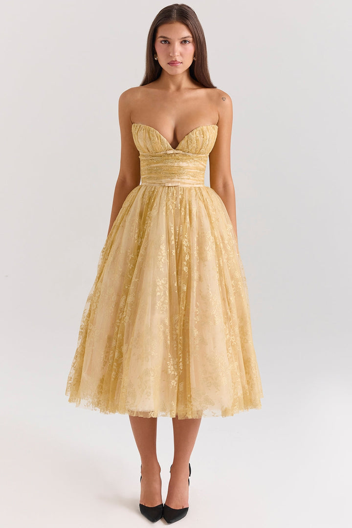 Carina | Luxe Golden Corset Midi Dress