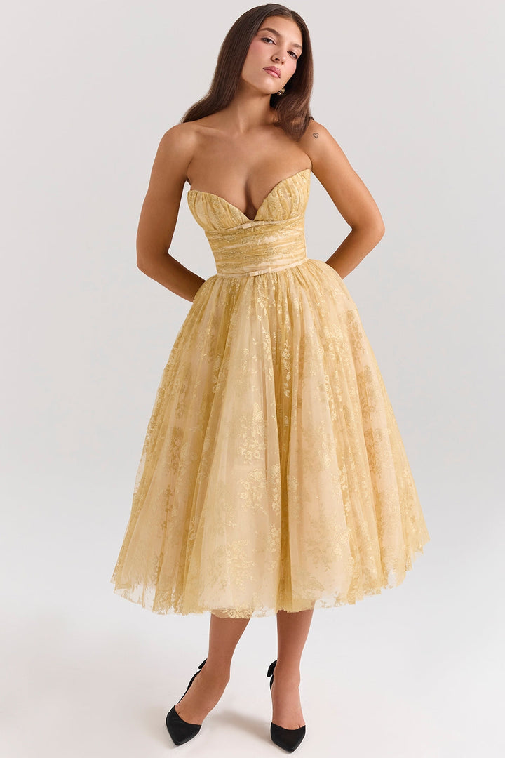 Carina | Luxe Golden Corset Midi Dress
