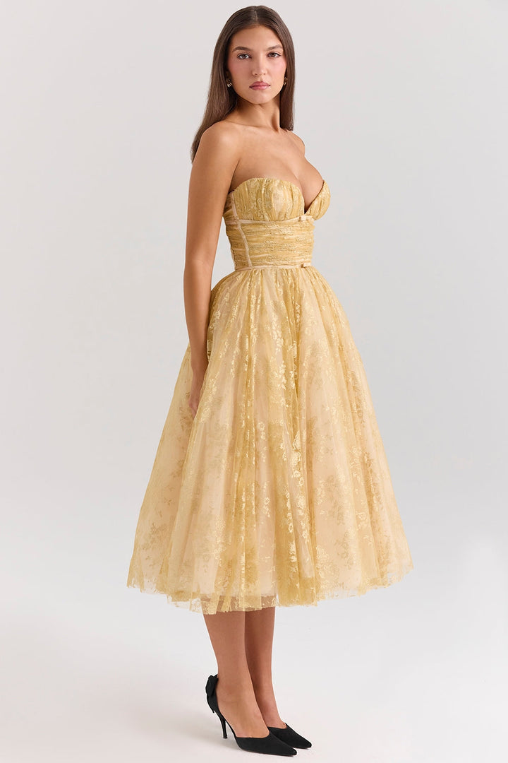 Carina | Luxe Golden Corset Midi Dress