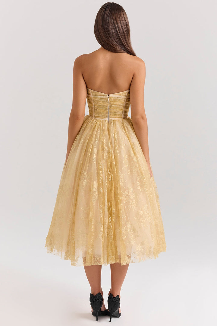 Carina | Luxe Golden Corset Midi Dress