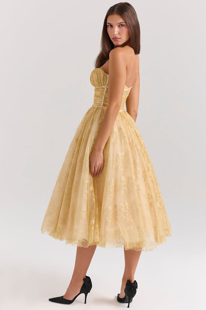 Carina | Luxe Golden Corset Midi Dress